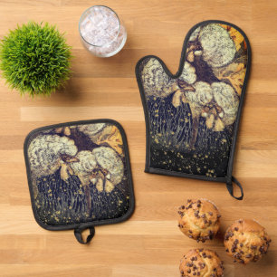  Black Gold Birds Pattern Rustic Oven Mitt & Pot Holder Set
