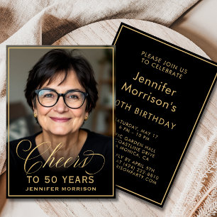 Black & Gold Birthday Cheers to 50 Years Photo Invitation