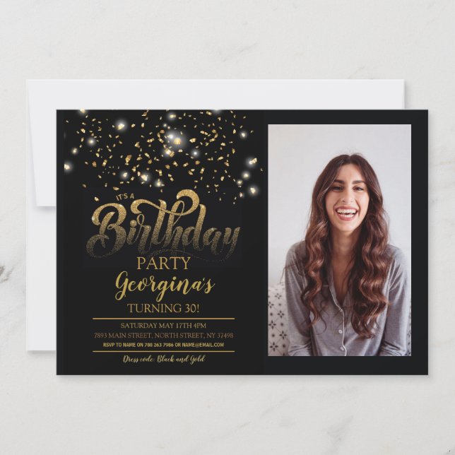 Black & Gold Birthday Party Invite Photo (Front)