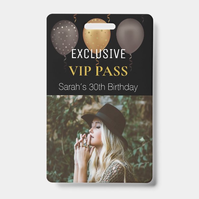 Black Gold Birthday Party Photo Custom Pass VIP ID Badge (Front)