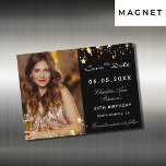 Black gold birthday party save the date magnet<br><div class="desc">A photo Save the date for a 30th (or any age) birthday
On front: Add a vertical size photo. A classic black background colour,  decorated with faux gold stars. Personalise and add a name and details.  White letters.  For both him and her.</div>