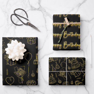 Black/Gold Birthday Pattern  Wrapping Paper Sheet