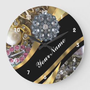 Black & gold bling large clock