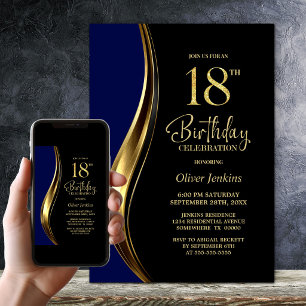 Black Gold Blue 18th Birthday Party Invitation