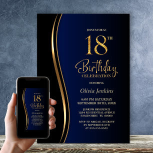 Black Gold Blue 18th Birthday Party Invitation