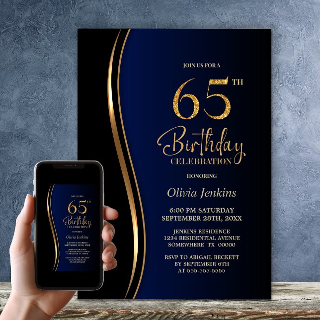 Black Gold Blue 65th Birthday Party Invitation (Creator Uploaded)