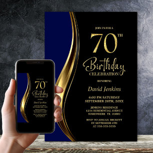 Black Gold Blue 70th Birthday Party Invitation