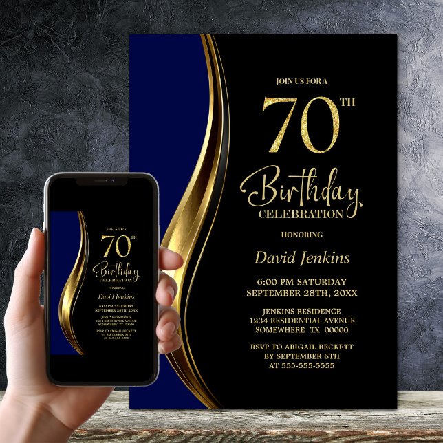Black Gold Blue 70th Birthday Party Invitation (Creator Uploaded)