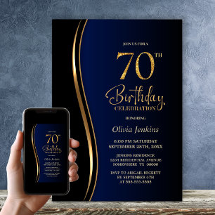 Black Gold Blue 70th Birthday Party Invitation