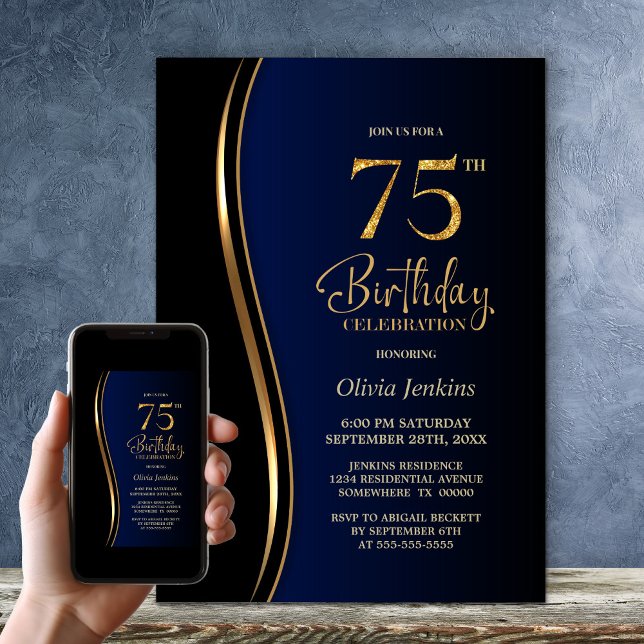 Black Gold Blue 75th Birthday Party Invitation (Creator Uploaded)
