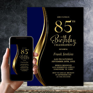 Black Gold Blue 85th Birthday Party Invitation