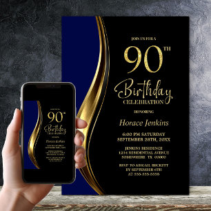 Black Gold Blue 90th Birthday Party Invitation