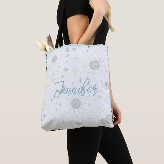 Black Gold Blue Celestial Personalised Name Tote Bag (Close Up)