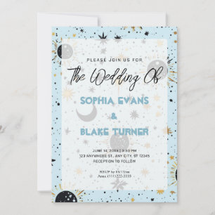 Black, Gold, Blue Celestial Sun Moon Stars Wedding Invitation