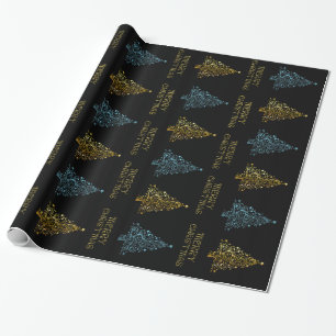 Black Gold Blue Elegant Chic Christmas Tree Stars Wrapping Paper