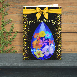 Black Gold Blue Gemstone Floral Happy Anniversary  Thank You Card