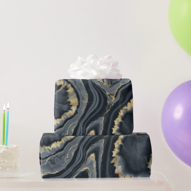 Black gold blue marble agate stone elegant party wrapping paper (Party Gifts)