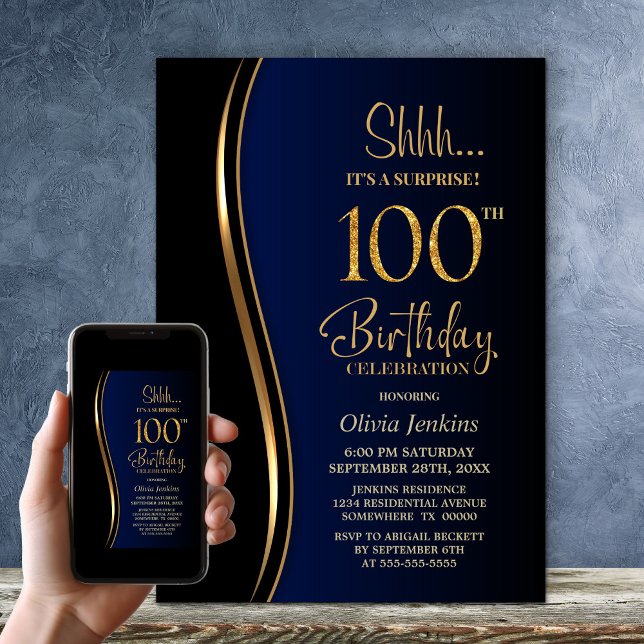 Black Gold Blue Surprise 100th Birthday Invitation (Creator Uploaded)