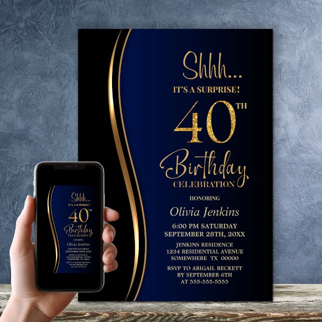 Black Gold Blue Surprise 40th Birthday Invitation (Creator Uploaded)