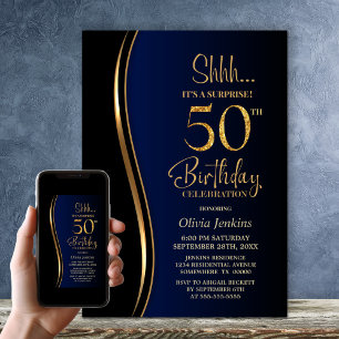 Black Gold Blue Surprise 50th Birthday Invitation