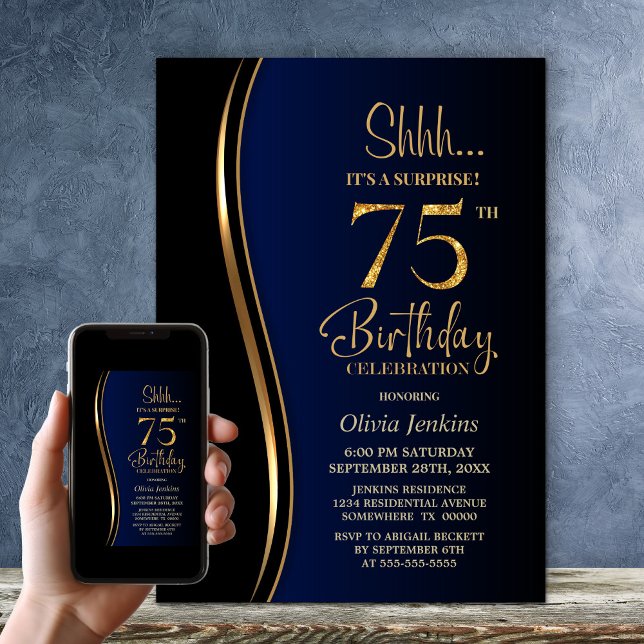 Black Gold Blue Surprise 75th Birthday Invitation (Creator Uploaded)