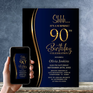 Black Gold Blue Surprise 90th Birthday Invitation