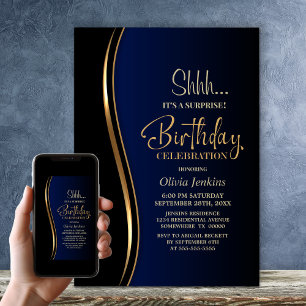 Black Gold Blue Surprise Birthday Party Invitation