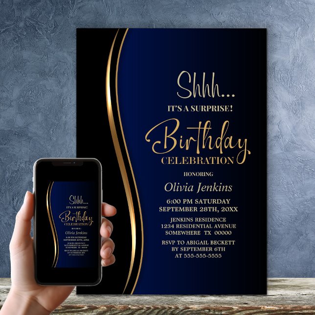 Black Gold Blue Surprise Birthday Party Invitation (Creator Uploaded)