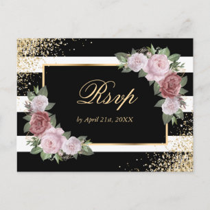 Black Gold Blush Floral Wedding RSVP Postcard