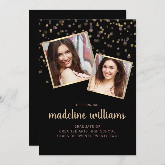 Black Gold Blush Pink Confetti Photo Graduation Invitation (Front/Back)