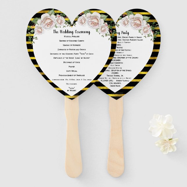 Black Gold Blush Pink Roses Wedding Program Fan (Front and Back)