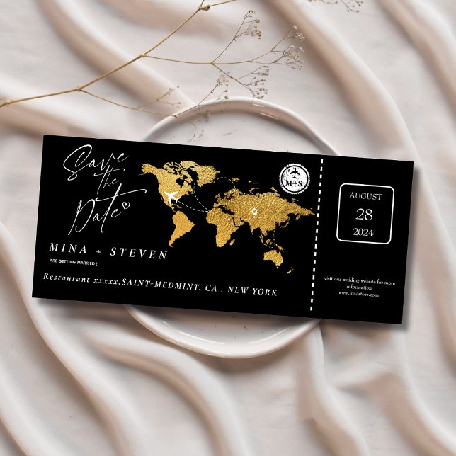 Black gold Boarding pass destination wedding  Save The Date (Creator Uploaded)
