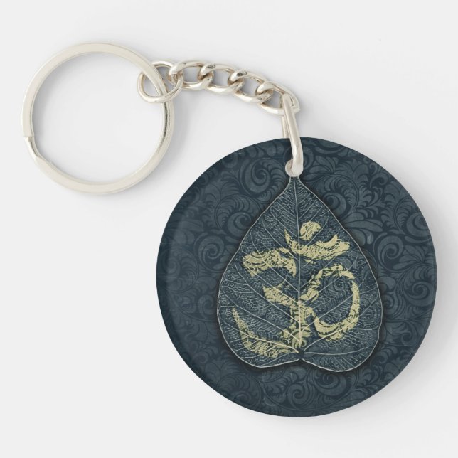 Black & Gold Bodhi Leaf OM Symbol YOGA Instructor Key Ring (Front)
