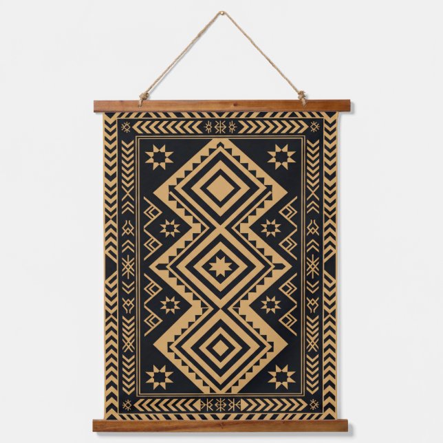 Black Gold Boho Abstract Surface Pattern Hanging Tapestry (Front)