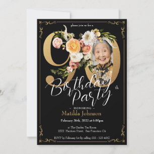 Black Gold Boho Custom Photo Floral 90th Birthday Invitation