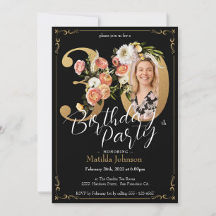 Black Gold Boho Floral 30th Birthday  Invitation