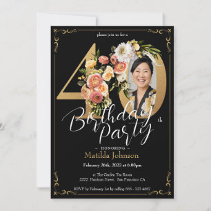 Black Gold Boho Floral 40th Birthday Party Invitation