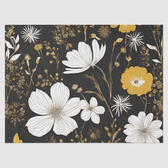Black Gold Boho Wildflower Decoupage Tissue Paper (Front)