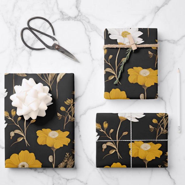 Black Gold Boho Wildflower Garden Wrapping Paper Sheet (Front)