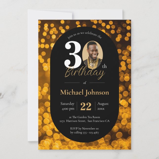 Black Gold Bokeh Photo 30th Birthday Invitation (Front)
