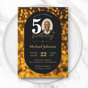 Black Gold Bokeh Photo 50th Birthday Invitation