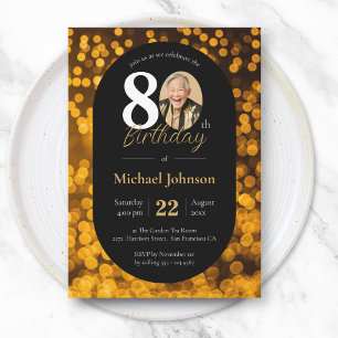Black Gold Bokeh Photo 80th Birthday Invitation