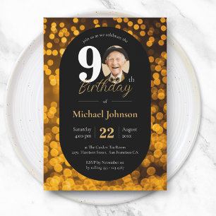 Black Gold Bokeh Photo 90th Birthday Invitation