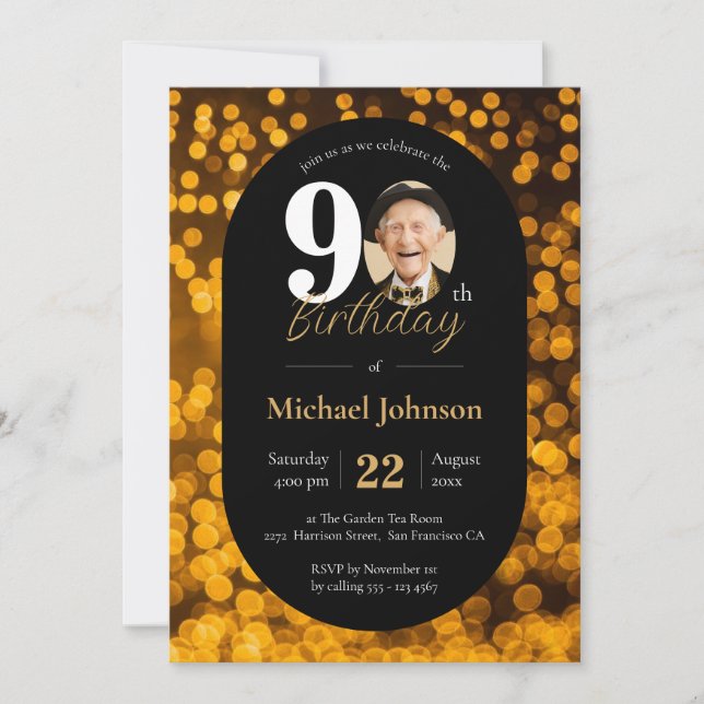Black Gold Bokeh Photo 90th Birthday Invitation (Front)