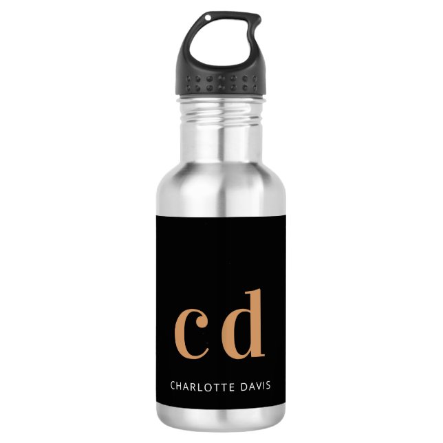 Black gold bold monogram initials name  532 ml water bottle (Front)
