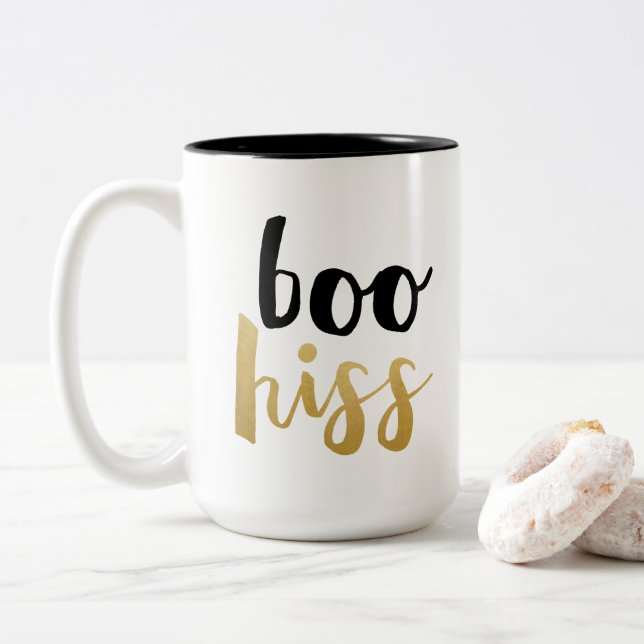 Black & Gold Boo Hiss Typography Coffee Mug (With Donut)