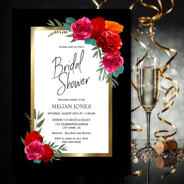Black Gold Border Burgundy Floral Bridal Shower Invitation (Creator Uploaded)
