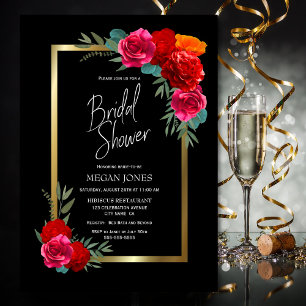 Black Gold Border Burgundy Floral Bridal Shower Invitation