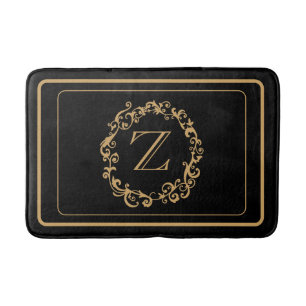 Black Gold Border Design Monogram Letter Bath Mat