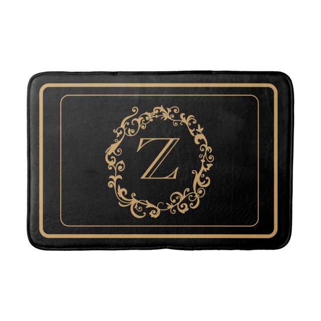Black Gold Border Design Monogram Letter Bath Mat (Front)